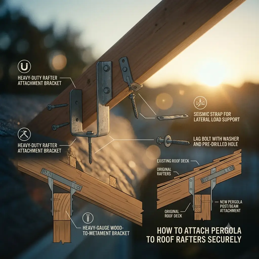 A close-up diagram showing heavy-duty hardware used in how to attach pergola to roof rafters securely