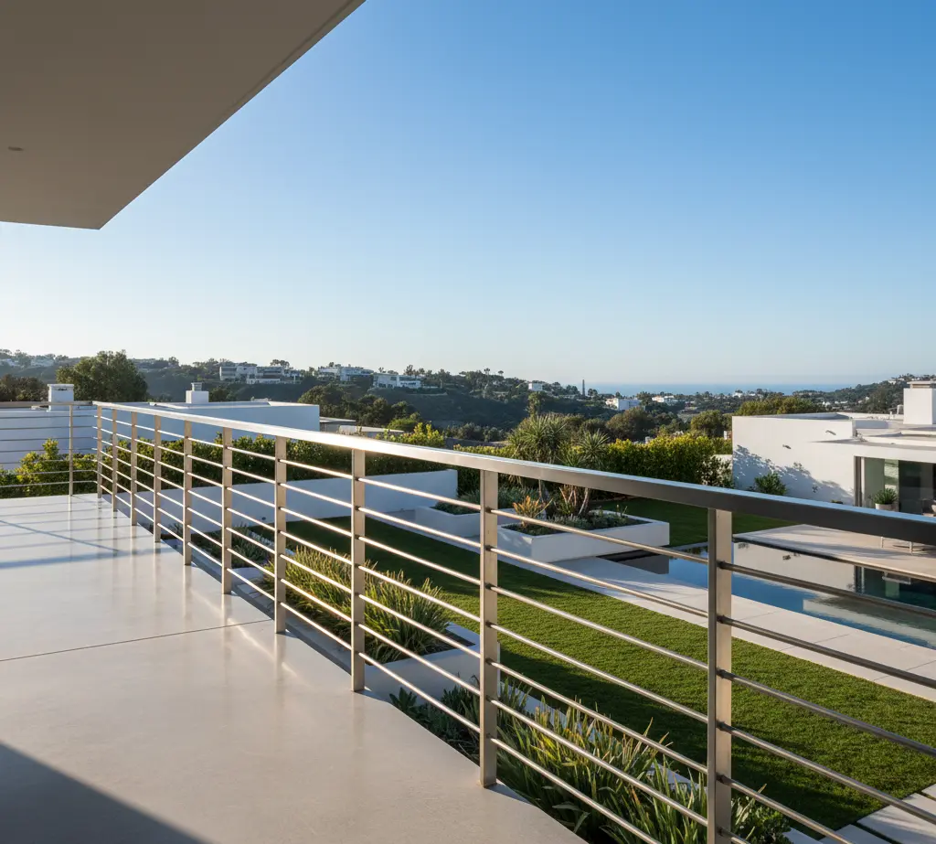 Aluminium handrails installation in Thodupuzha, Kerala, showcasing a modern residential balcony with sleek, contemporary design.