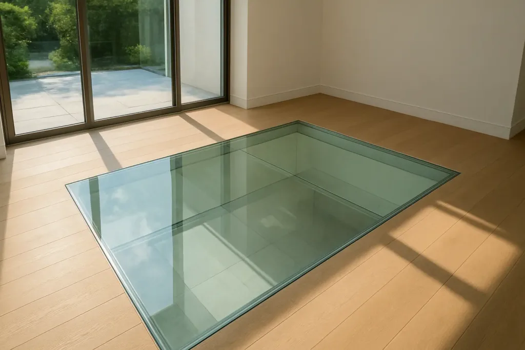 Modern interior with a transparent glass floor showcasing safety and elegant design