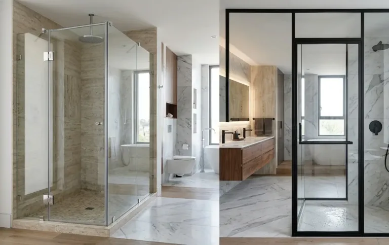 Frameless vs Framed Bathroom Glass Partitions showcasing clear glass shower designs with minimal hardware and black metal frames.
