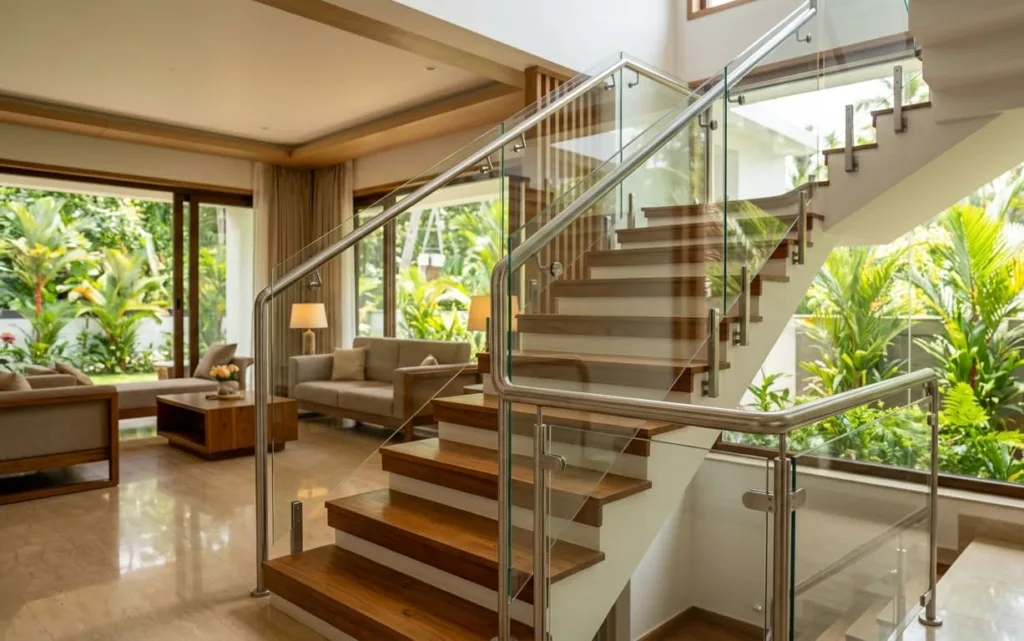 Glass Railing Price in Kerala featuring clear glass staircase railings with stainless steel handrails in a modern home