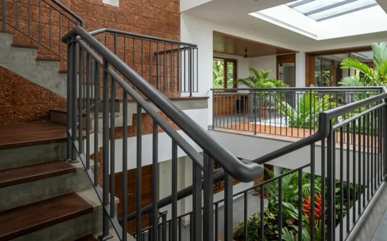 Powder-Coated Aluminium Handrails: Benefits & Applications on a modern staircase and balcony