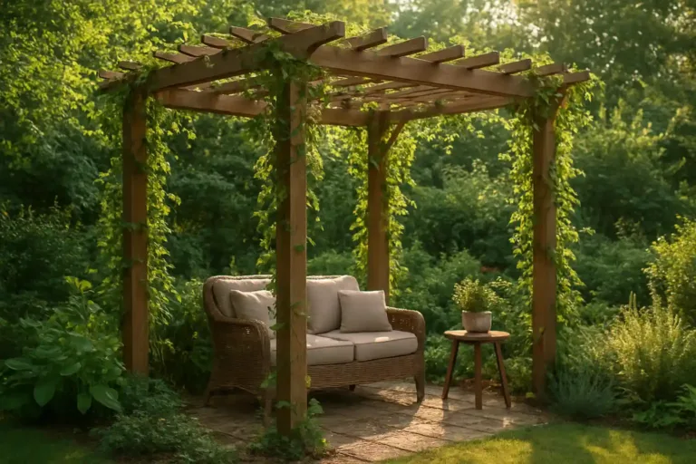 A beautiful wooden pergola in a garden with climbing vines, providing shade and a cozy seating area.